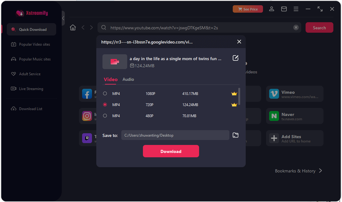 choose the video resolution and stored location with xstreamify video downloader