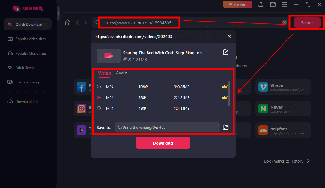 choose video quality at xstreamify video downloader