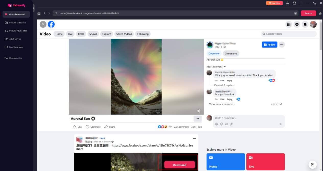 download video in xstreamify built-in facebook-browser