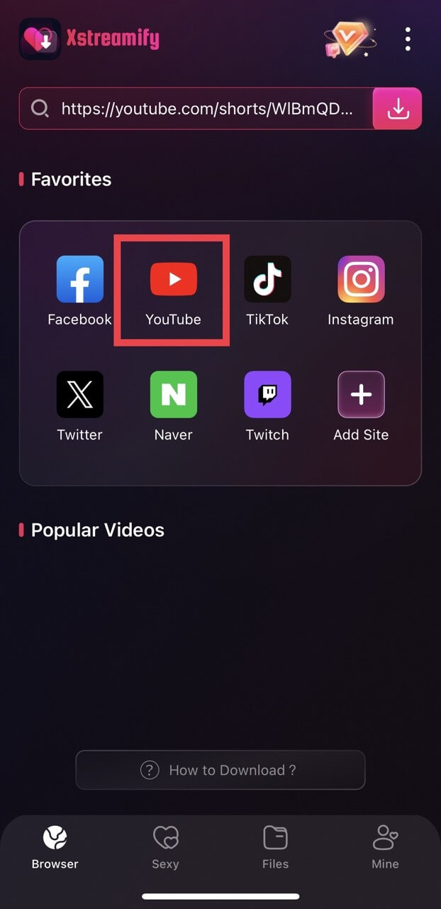 save from youtube short with xstreamify built-in browse